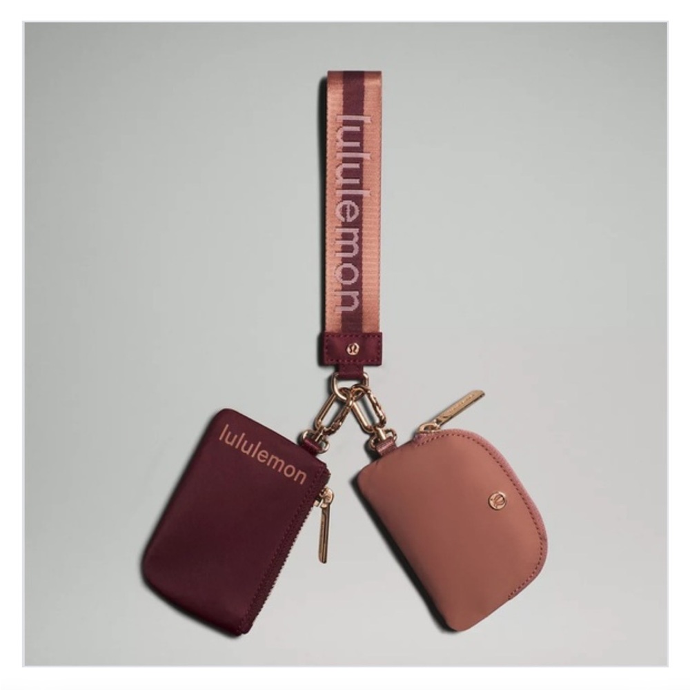 NWT RARE Lululemon Dual Pouch Wristlet Wordmark in Garnet/Spiced Chai/Flush Pink